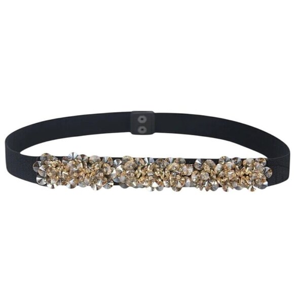 NEW 2/$30 M/L Waist Belt Champagne Beige Crystal Embellishments Snap Closure - Picture 1 of 8
